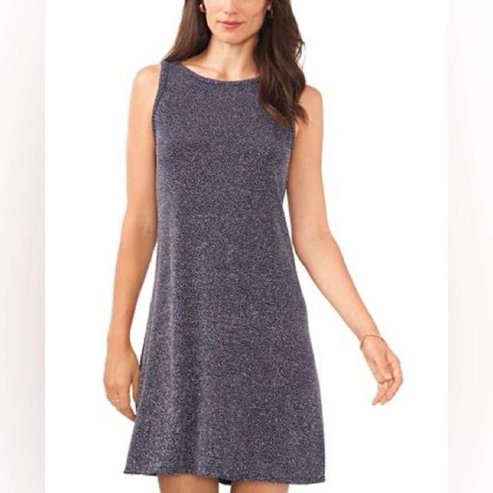 216 - Halogen NWOT Blue/Silver Metallic Sleeveless Halter A-line Dress Size Med
